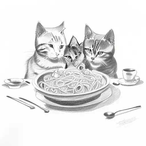 A sketch-style tattoo of a bowl of pasta with cats and dogs enjoying a meal together tattoo design idea