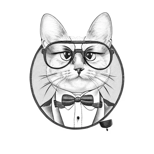 A blackwork tattoo of a silly cat wearing a bowtie and glasses tattoo design idea