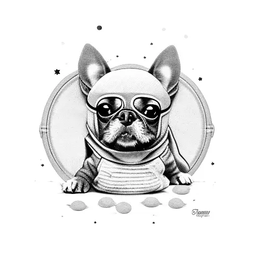 A black and grey tattoo of a small dog wearing a superhero costume tattoo design idea
