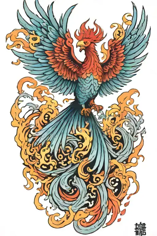 color phoenix rising from the ashes tattoo design idea