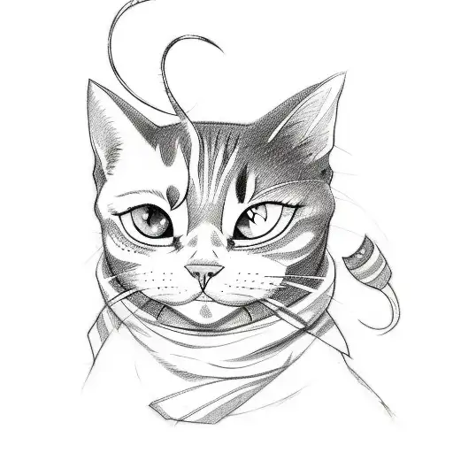 A sketch-style tattoo of a cat in a whimsical, fantasy-inspired setting that reflects the client's passion for anime and books tattoo design idea