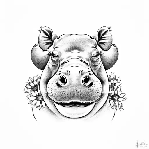 A majestic hippo surrounded by delicate black-grey flowers tattoo design idea