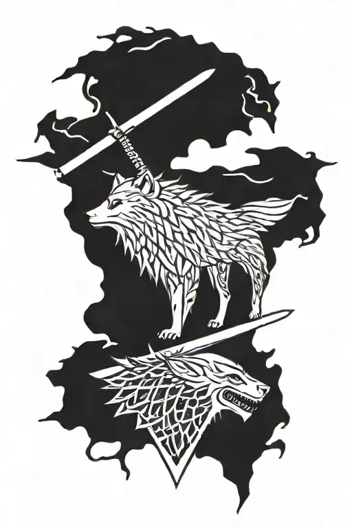 house of stark wolf with jon snow sword tattoo design idea