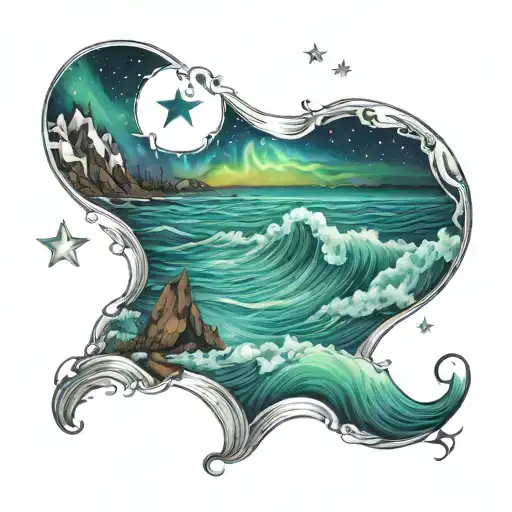 Waves sea strong Stars northern lights tattoo design idea