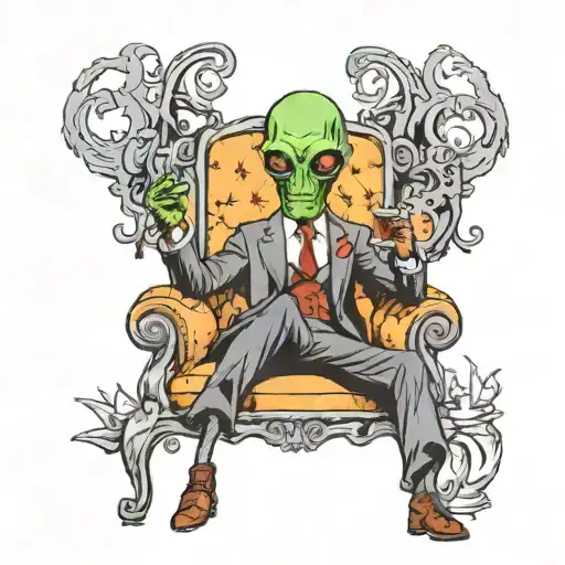 an alien wearing a suit sitting on a chair smoking a cigarette and drinking whiskey tattoo design idea
