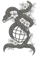 A basketball with Japanese cherry blossoms and a snake coiled around it, blending your favorite things tattoo design idea