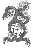 A basketball with Japanese cherry blossoms and a snake coiled around it, blending your favorite things tattoo design idea