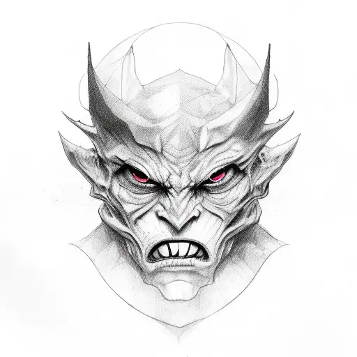 Human wearing a mask that showes a demon face tattoo design idea