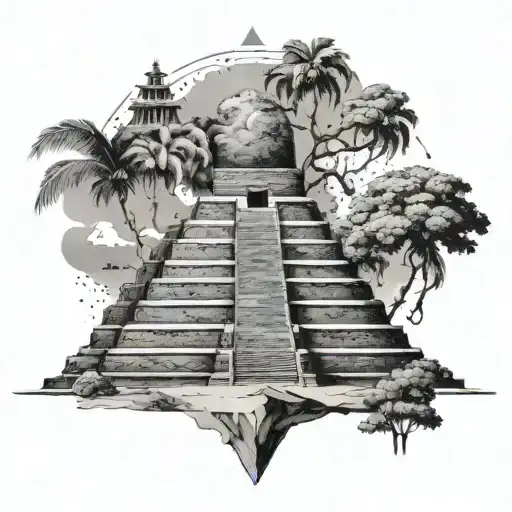 I am climbing the Mayan pyramid with determination. At the top are the catastrophic elements of nature. tattoo design idea