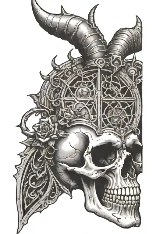 skull with horns coming out of the eyes with cathedral window in background tattoo design idea