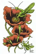 Poppy Flowers and a praying mantis eating spaghetti tattoo design idea