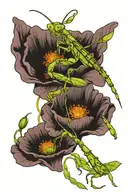 Poppy Flowers and a praying mantis eating spaghetti tattoo design idea