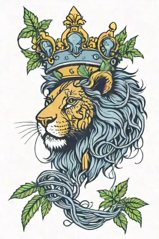 A tattoo design featuring a lion wearing a crown, surrounded by marijuana leaves and electrical wires to represent your love for Suicidboys and your occupation as an electrician tattoo design idea