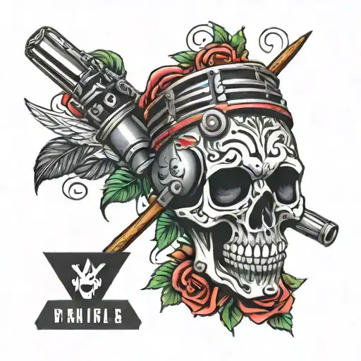 tattoo with a microphone with a skull face, with drumsticks behind, a rose at the bottom and bands around the drumsticks tattoo design idea