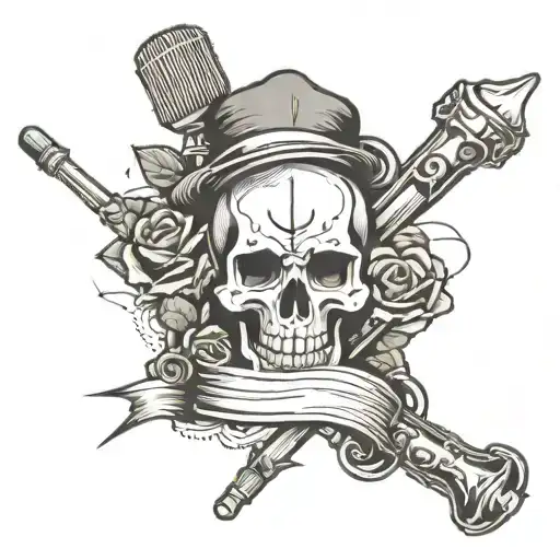 tattoo with a microphone with a skull face, with drumsticks behind, a rose at the bottom and bands around the drumsticks tattoo design idea