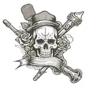 tattoo with a microphone with a skull face, with drumsticks behind, a rose at the bottom and bands around the drumsticks tattoo design idea