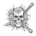 tattoo with a microphone with a skull face, with drumsticks behind, a rose at the bottom and bands around the drumsticks tattoo design idea
