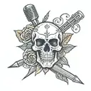 tattoo with a microphone with a skull face, with drumsticks behind, a rose at the bottom and bands around the drumsticks tattoo design idea