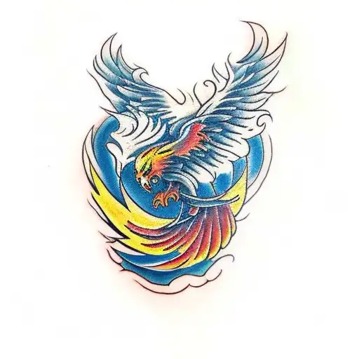 A traditional style tattoo of a phoenix rising from the ashes, representing rebirth and freedom tattoo design idea