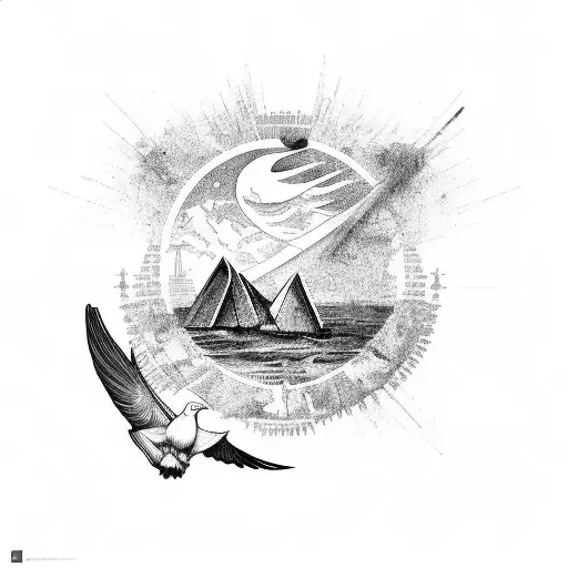 The country of Brazil filled with a green stoic philosopher. the background is shaped and doves tattoo design idea