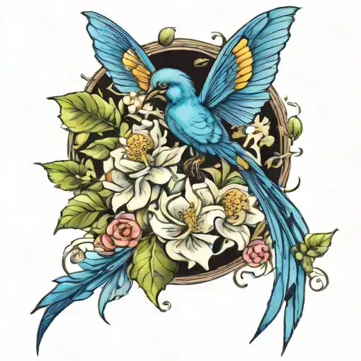 blue fairy blue dragon fly blue spix macaw flowers tattoo design idea