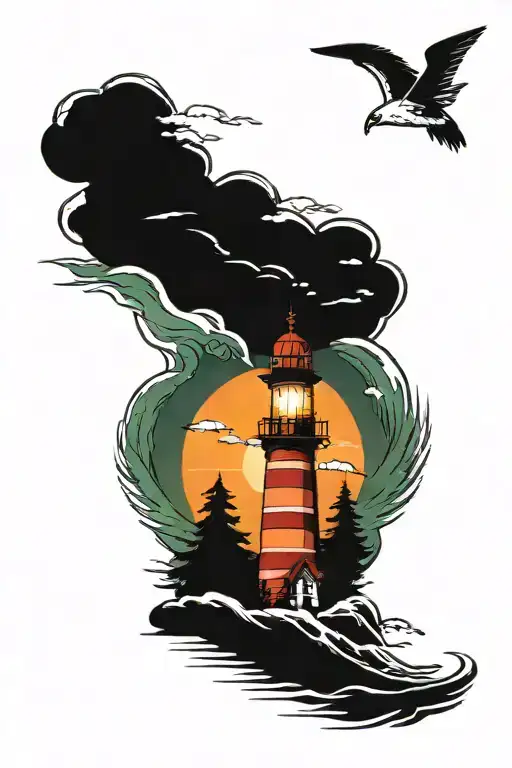 light house crashing waves evergreen trees background  tattoo design idea