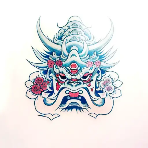 Oni with tengu mask and flowers tattoo design idea