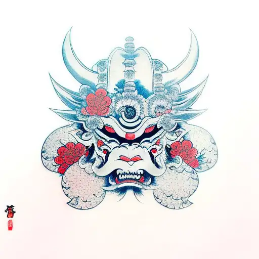 Oni with tengu mask and flowers tattoo design idea