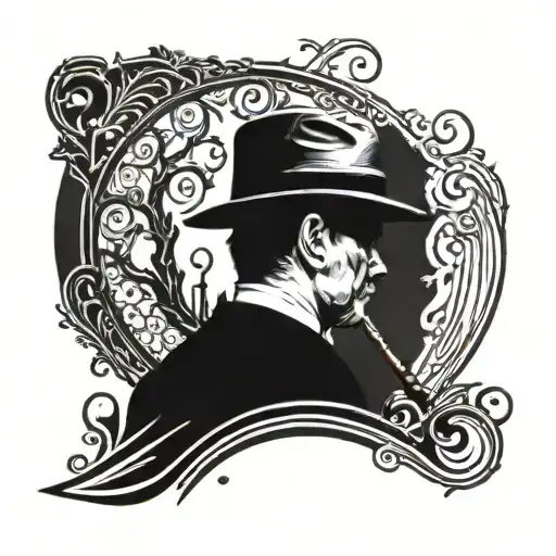 A walking stick figure with a peaky blinder hat adorned tattoo design idea