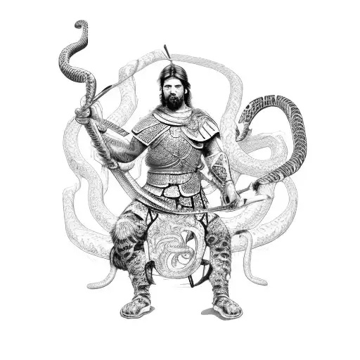 A stoic warrior holding a sword with a tiger and snake intertwined around it, representing power and resilience tattoo design idea