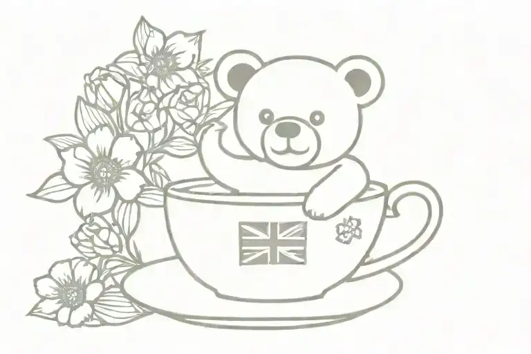 teddy bearbteacup with british flag and flowers  tattoo design idea