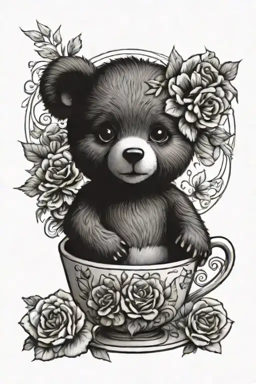 teddy bear in a tea cup with flowers intertwined tattoo design idea