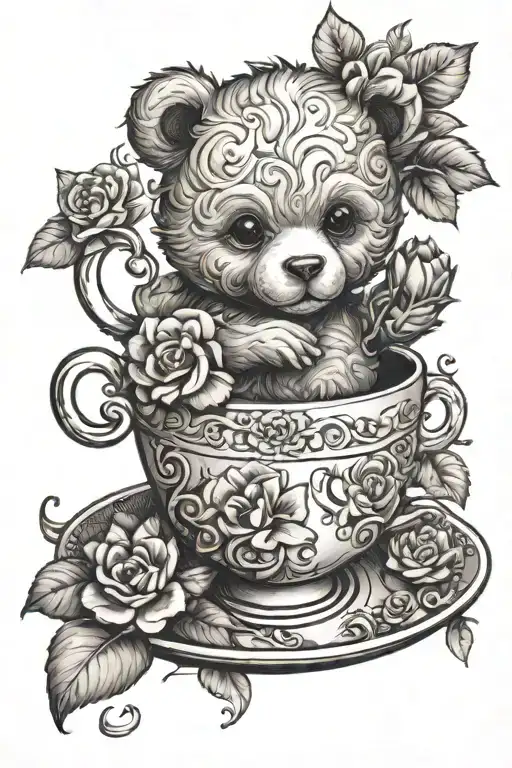 teddy bear in a tea cup with flowers intertwined tattoo design idea