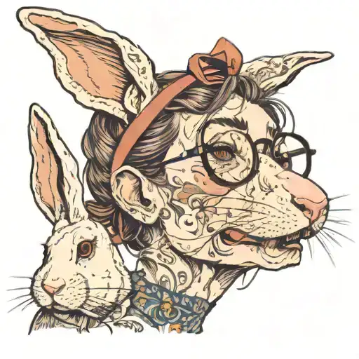 skinny white woman with brown hair, long nose, wide open mouth and sticking out tongue with glasses and white bunny ears tattoo design idea