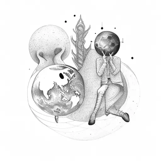 two persons sitting on planet earth under a clove tattoo design idea