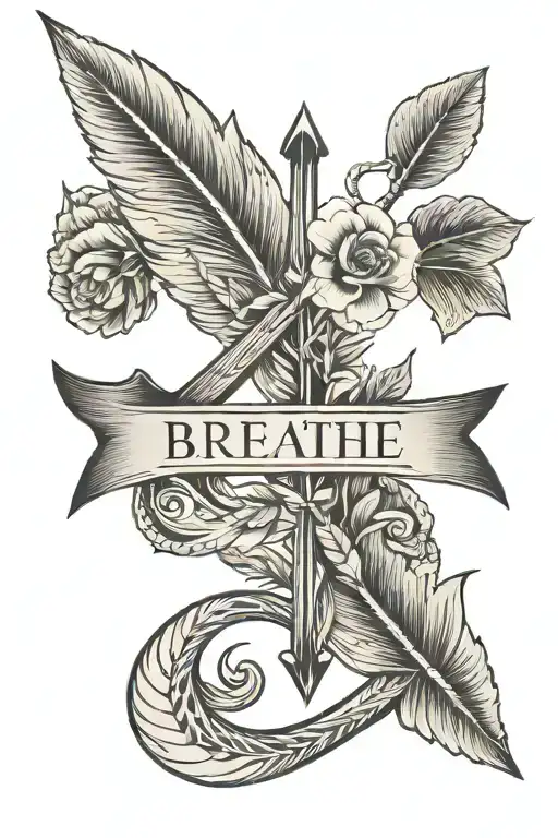feminine and delicate arrow with the word breathe written  tattoo design idea