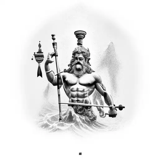 An intricate black-grey tattoo depicting the Greek god Poseidon holding a land surveying tool tattoo design idea