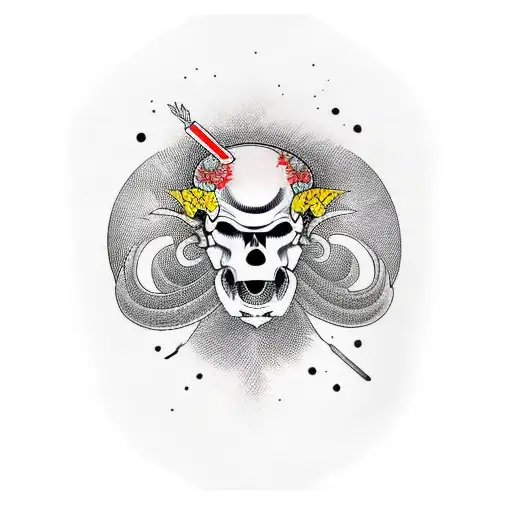 samourai skull with helmet and japanese waves  tattoo design idea