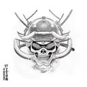 samourai skull with helmet and japanese waves  tattoo design idea