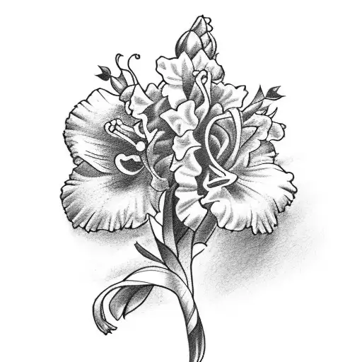 child drawing of a simple bouquet of carnation, gladiolus and marigold  tattoo design idea
