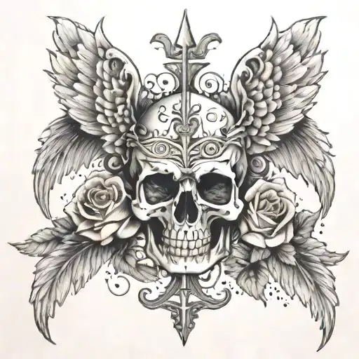 Angel wing cross skull roses intertwined tattoo design idea