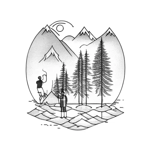 Mountain scene with tall trees and a lake that reflects the mountains. Two small people that are fishing with a waterfal tattoo design idea
