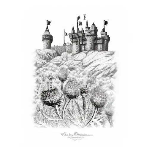 A detailed blackwork tattoo of the Scottish Highlands, featuring a castle in the background and a thistle in the foreground tattoo design idea