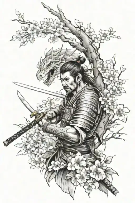 samurai warrior and samurai sword and dragon and cherry blosum tree tattoo design idea