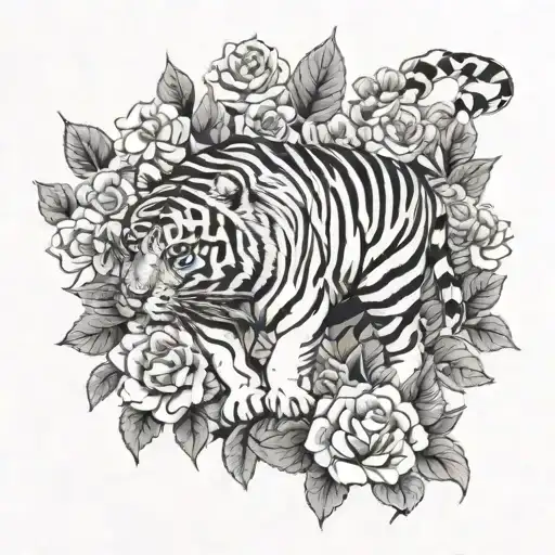 a full body tiger walking down but facing forward surrounded by flowers tattoo design idea