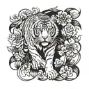 a full body tiger walking down but facing forward surrounded by flowers tattoo design idea