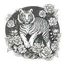 a full body tiger walking down but facing forward surrounded by flowers tattoo design idea