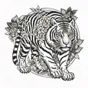 a full body tiger walking down but facing forward surrounded by flowers tattoo design idea