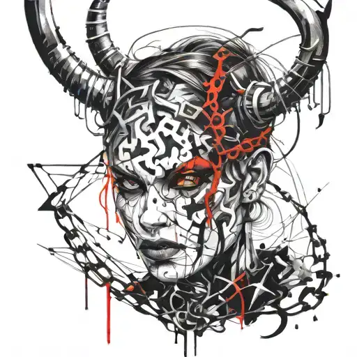 devil female, horns, thorns, chains, detailed face, detailed red eyes  tattoo design idea