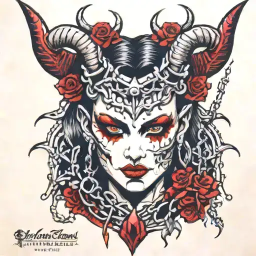devil female, horns, thorns, chains, detailed face, detailed red eyes  tattoo design idea